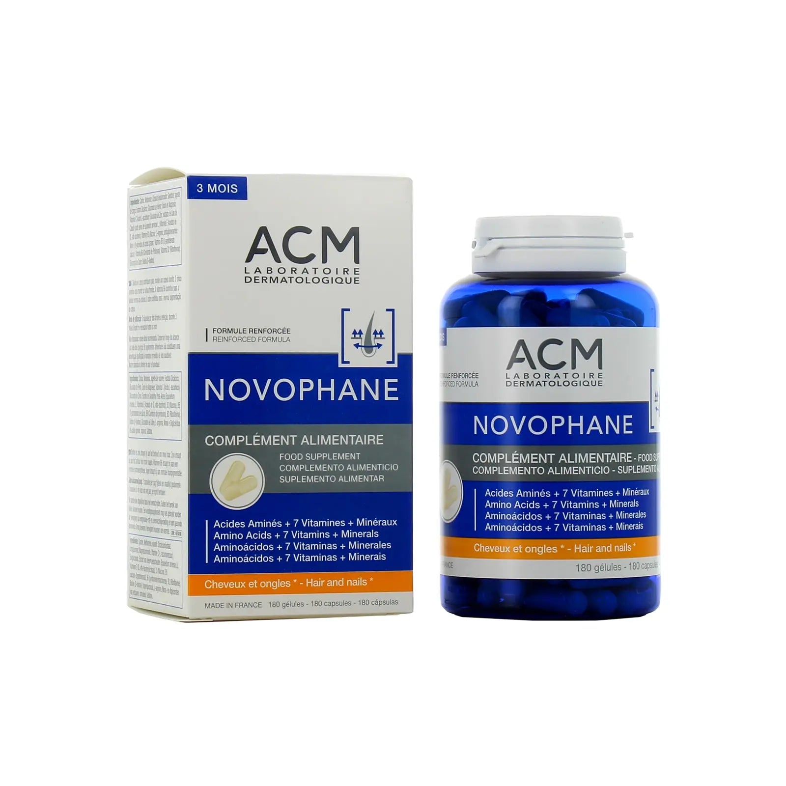 ACM NOVOPHANE COMPLEMENT ALIMENTAIRE CHEVEUX ET ONGLES 3 MOIS - 180 GELULES.