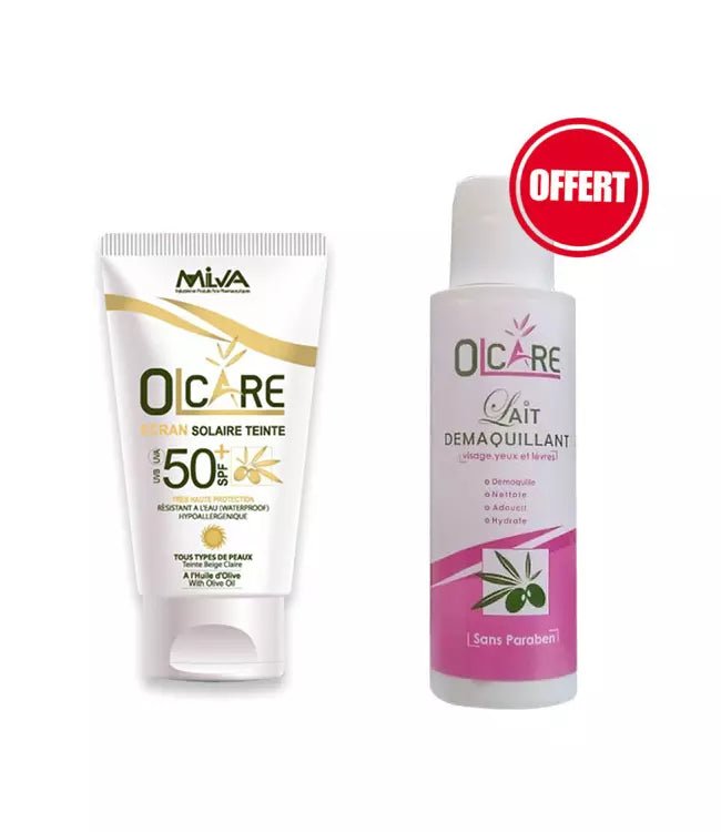 OLCARE ECRAN SOLAIRE TEINTE BEIGE CLAIRE SPF50+ 50ML + LAIT DEMAQUILLANT 100ML GRATUIT.
