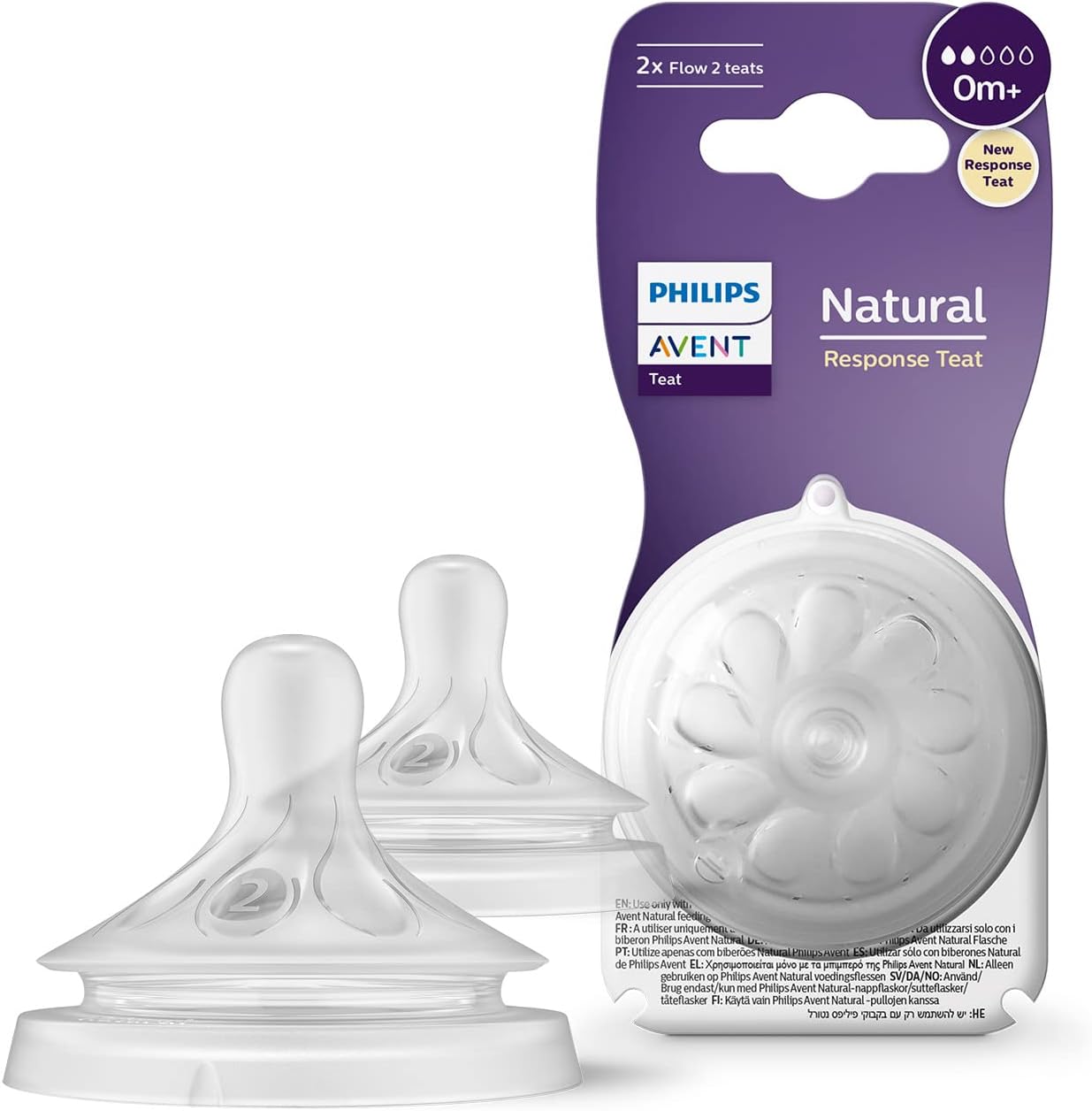 Philips Avent Lot de 2 tétines pour biberon à Réponse Naturelle 0 mois + (modèle SCY962/02).