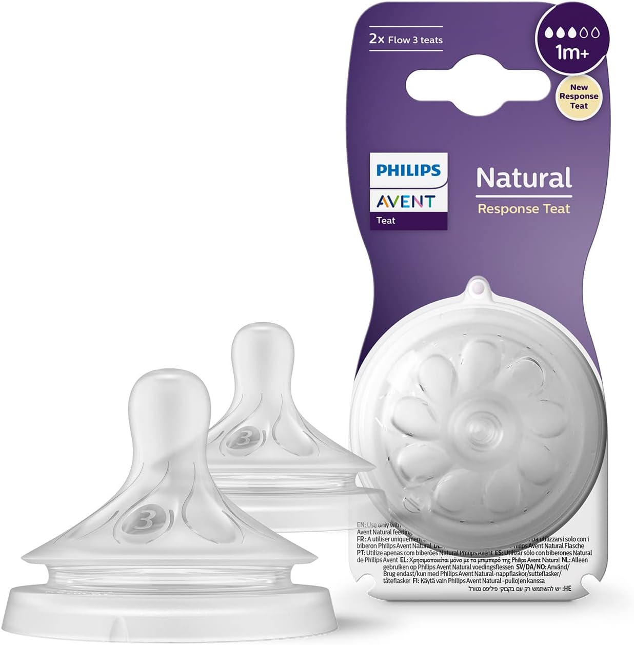 Philips Avent 2 tétines pour biberon à Réponse Naturelle Débit 3 pour Bébé de 1 mois + (modèle SCY963/02).