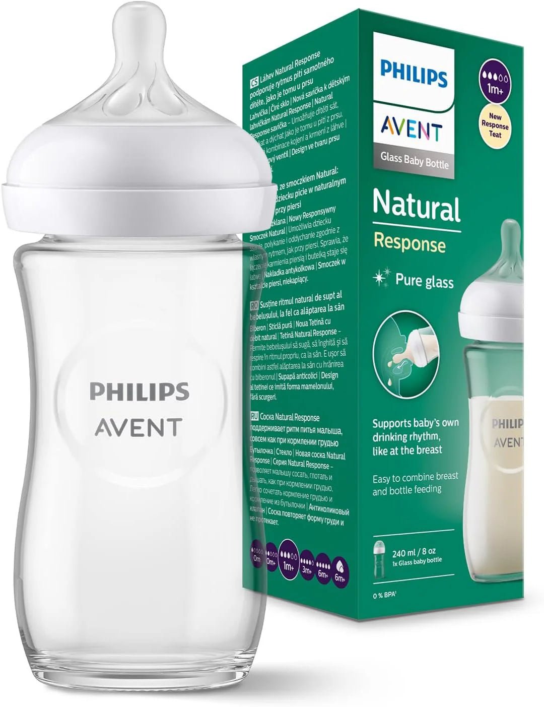 Philips Avent Biberon en verre à Réponse Naturelle 1m+ (modèle SCY933/01).