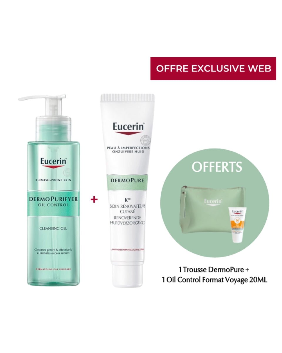 🎁 Eucerin Coffret DermoPure Gel 200ml + K10 40ml + SPF50 20ml + Trousse OFFERTS | Anti - Acné - La Grande Para