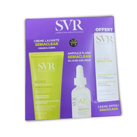 Coffret SVR Sebiaclear Anti - Acné Complet - Crème Lavante + Ampoule AZ + Crème SPF50+ OFFERTE | Peau Grasse Acné Tunisie - La Grande Para