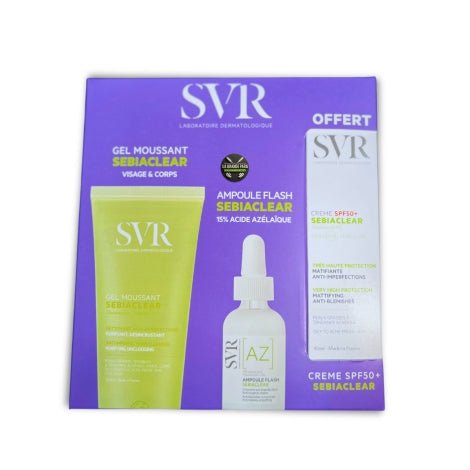 Coffret SVR Sebiaclear - Gel Moussant + Ampoule Flash AZ + Crème SPF50+ OFFERTE | Anti - Acné Peau Grasse - La Grande Para