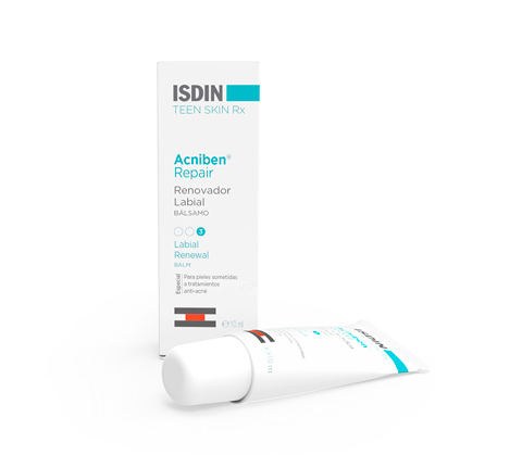 Tube et étui ISDIN Acniben Repair baume rénovateur lèvres 10 ml sur fond clair