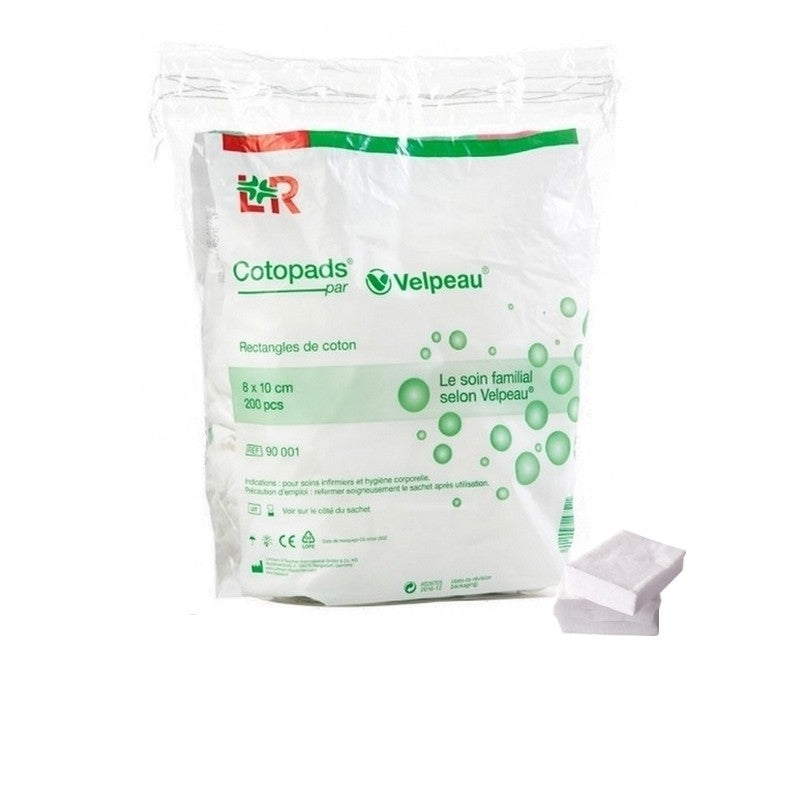 Sachet Cotopads de 200 rectangles de coton hydrophile 8 × 10 cm