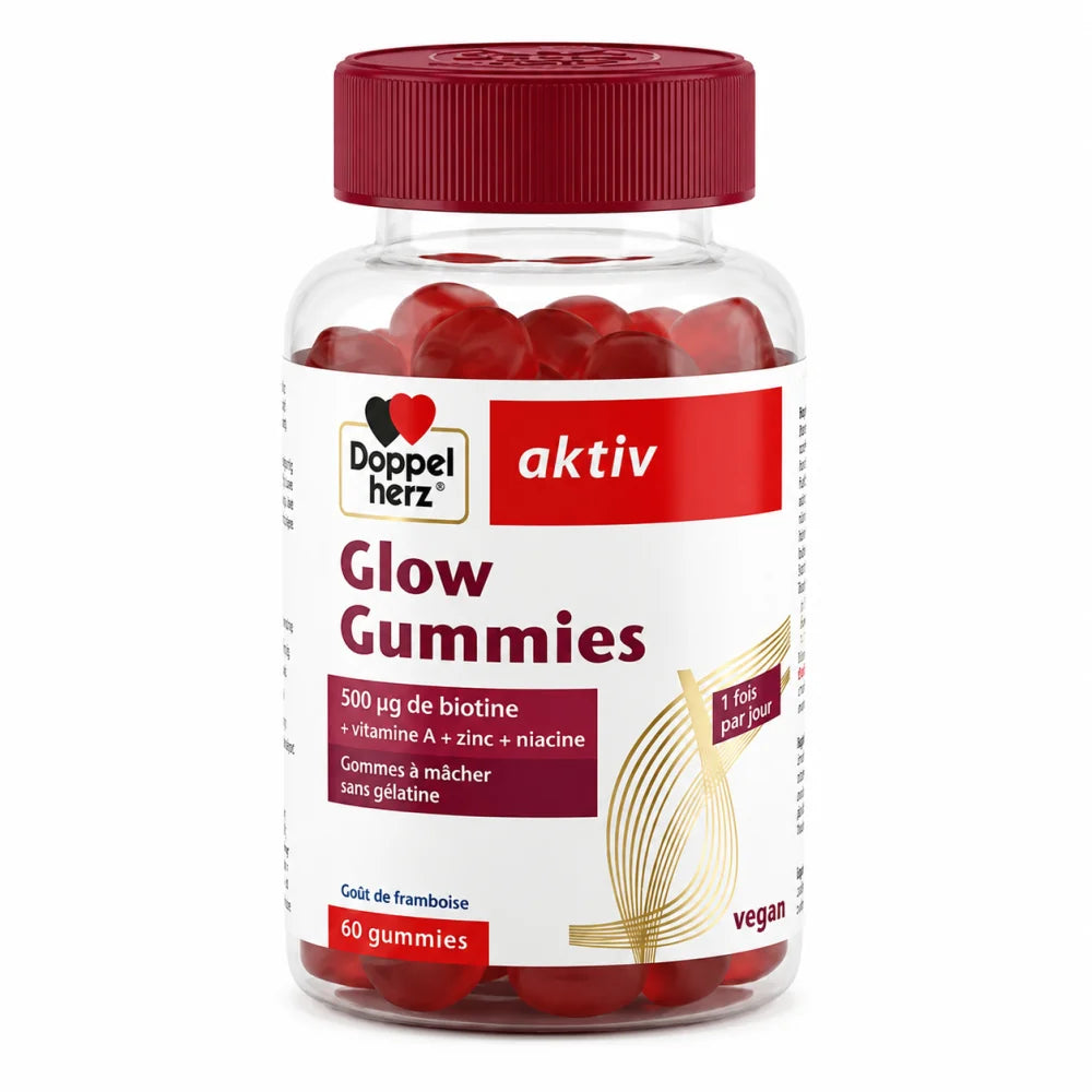 Doppelherz Aktiv Glow Gummies 60 Gummies – flacon transparent avec gummies rouges à la framboise