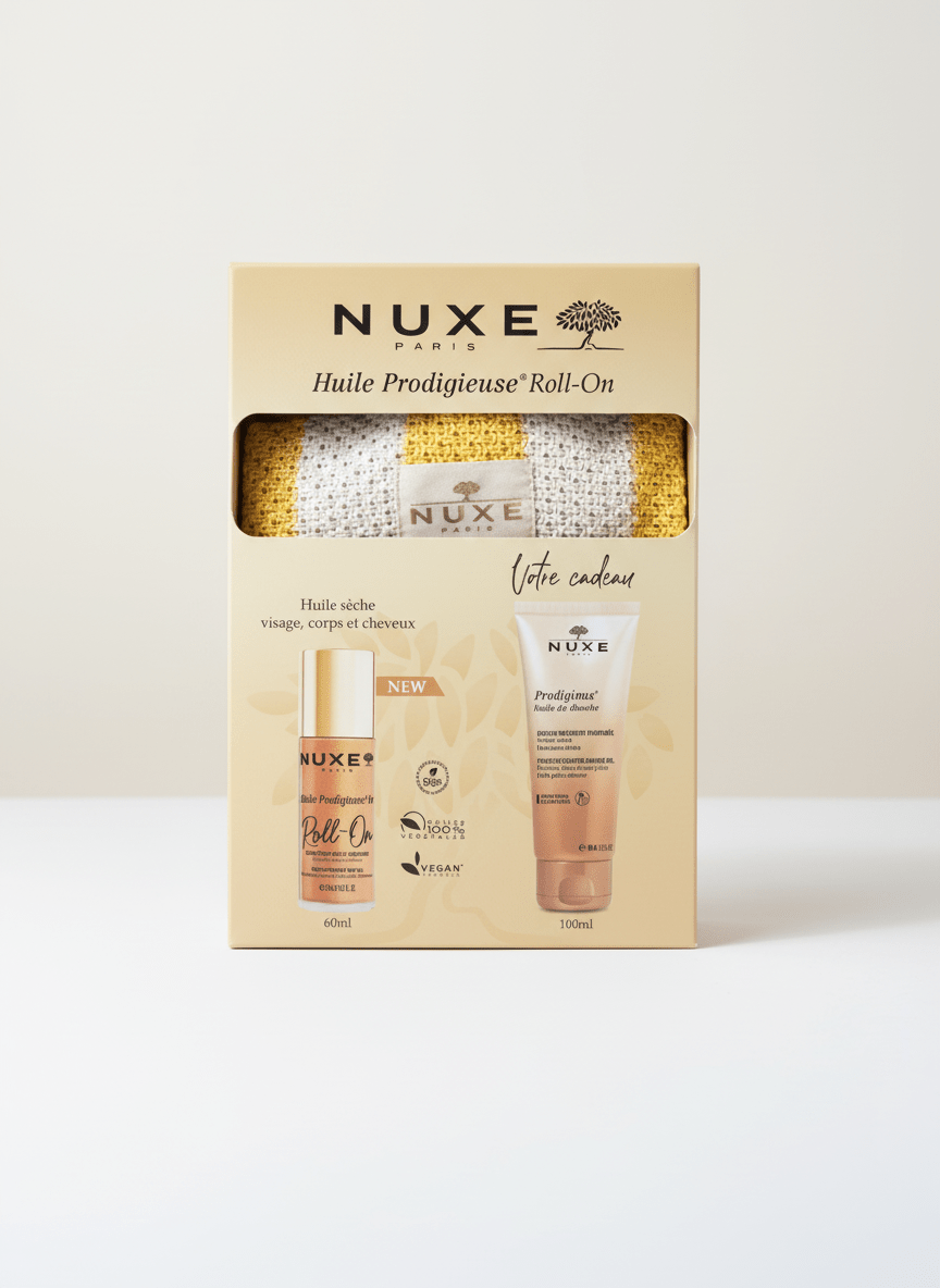 ✨ Nuxe Coffret Huile Prodigieuse Roll - On 60ml + Huile de Douche 100ml + Gant OFFERTS | VEGAN - La Grande Para