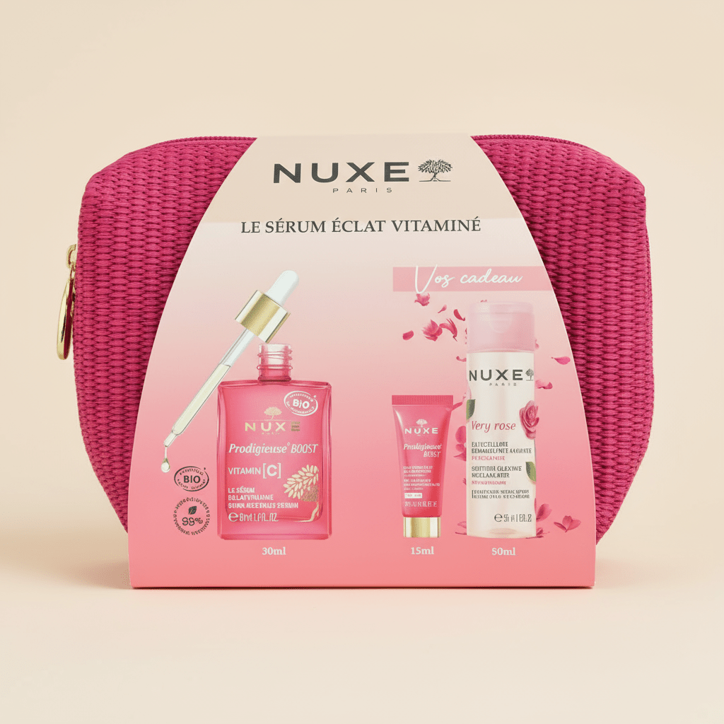 🌸 NUXE Coffret Sérum Éclat Vitaminé - Prodigieuse Boost Vitamin C BIO + Trousse Rose | Cadeau Luxe - La Grande Para