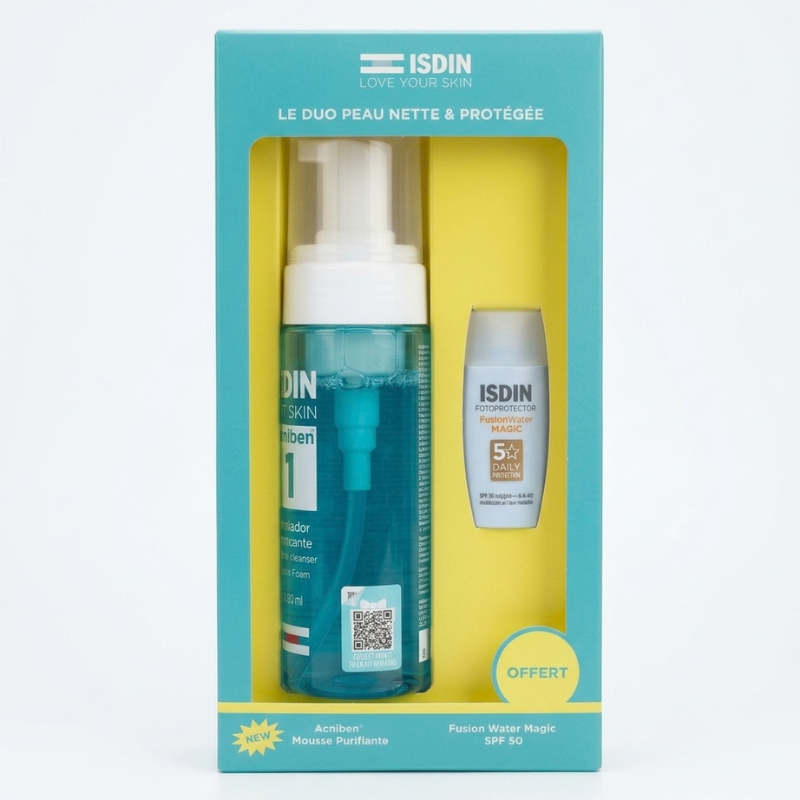 Coffret ISDIN Acniben Mousse Purifiante et Fusion Water Magic SPF 50 offert