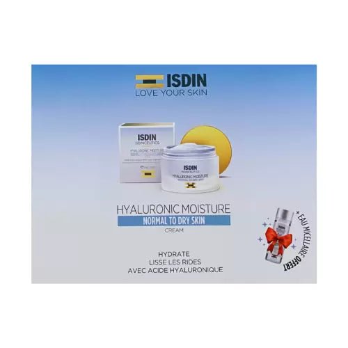 ISDIN COFFRET CREME HYDRATANTE A L'ACIDE HYALURONIQUE PEAUX NORMALES A SECHES 50G+EAU MICELLAIRE 30ML (OFFERT).