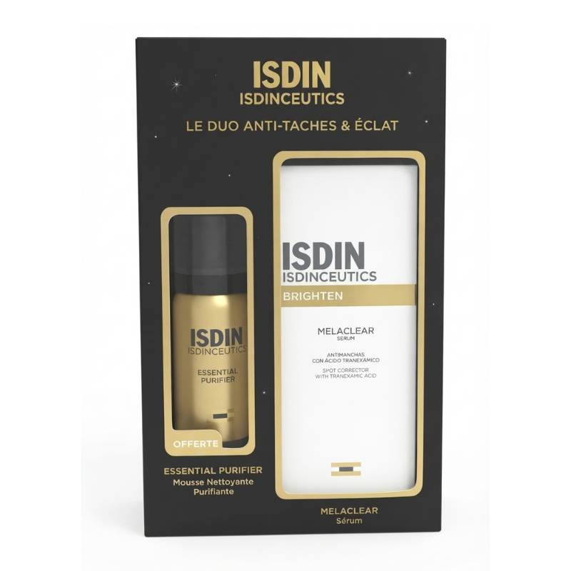 Coffret ISDIN Isdinceutics Le Duo Anti-taches et Éclat avec Melaclear Sérum et Essential Purifier offerte