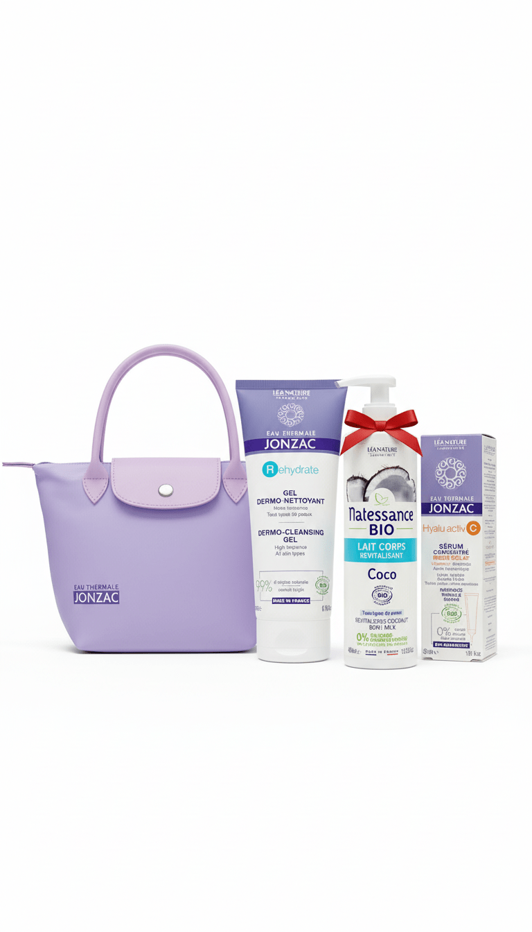 Jonzac Coffret Sac Violet - Gel Nettoyant + Sérum Hyalu - Activ + Lait Natessance Coco 400ml Offert - La Grande Para