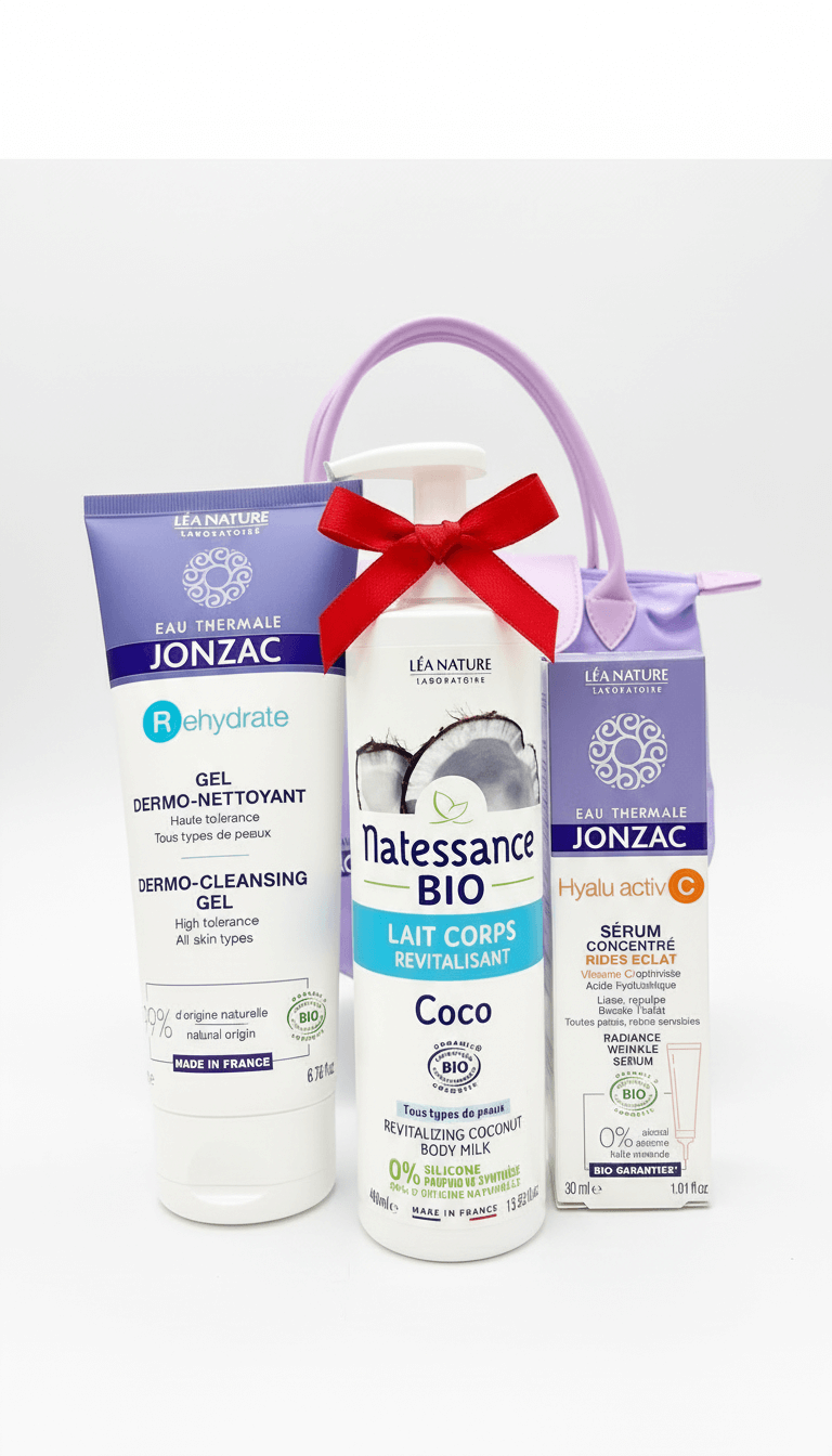 Jonzac Coffret Sac Violet - Gel Nettoyant + Sérum Hyalu - Activ + Lait Natessance Coco 400ml Offert - La Grande Para