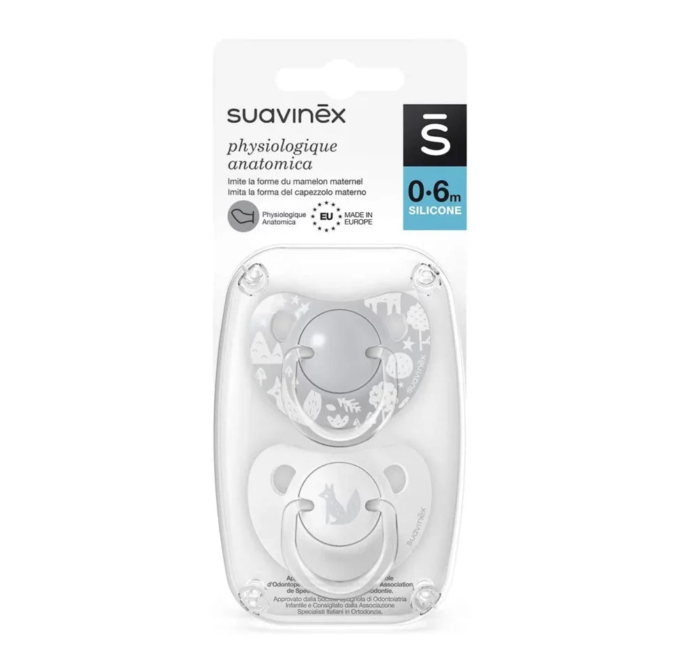 Suavinex 2 Sucettes Physiologique Silicone Fox Gris 0-6 mois.