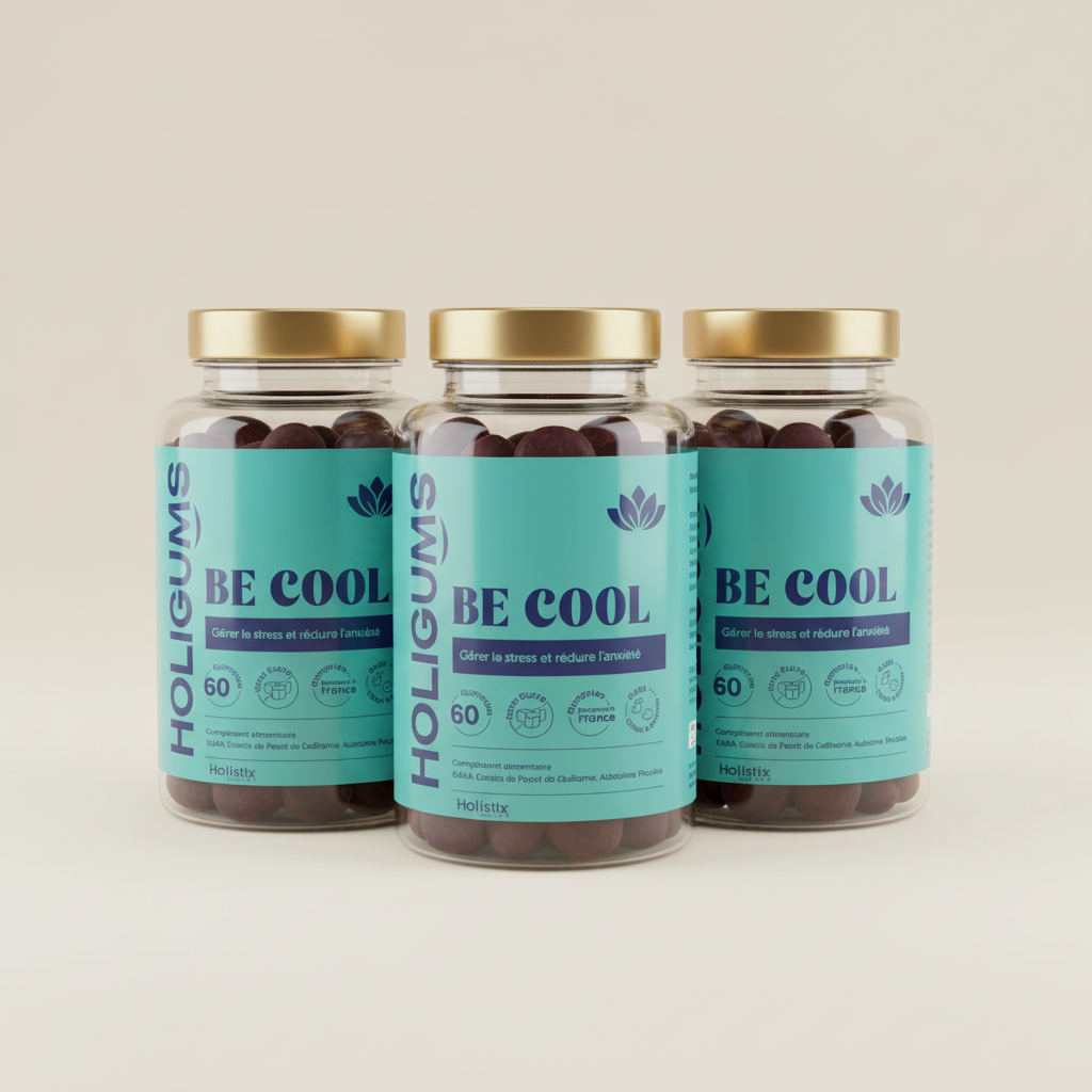 Trois pots HOLIGUMS Be Cool sur fond beige clair