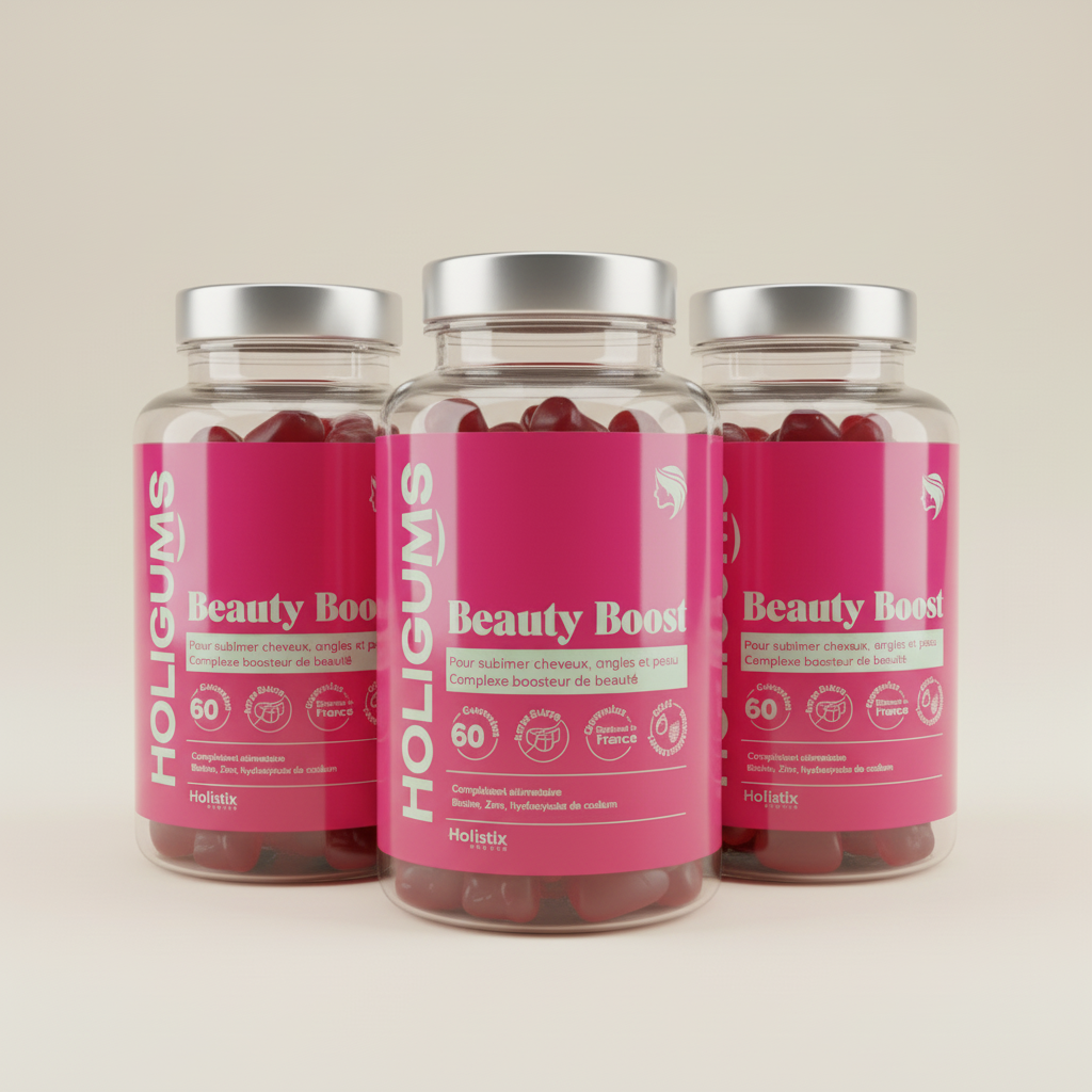 Trois pots HOLIGUMS Beauty Boost sur fond beige clair