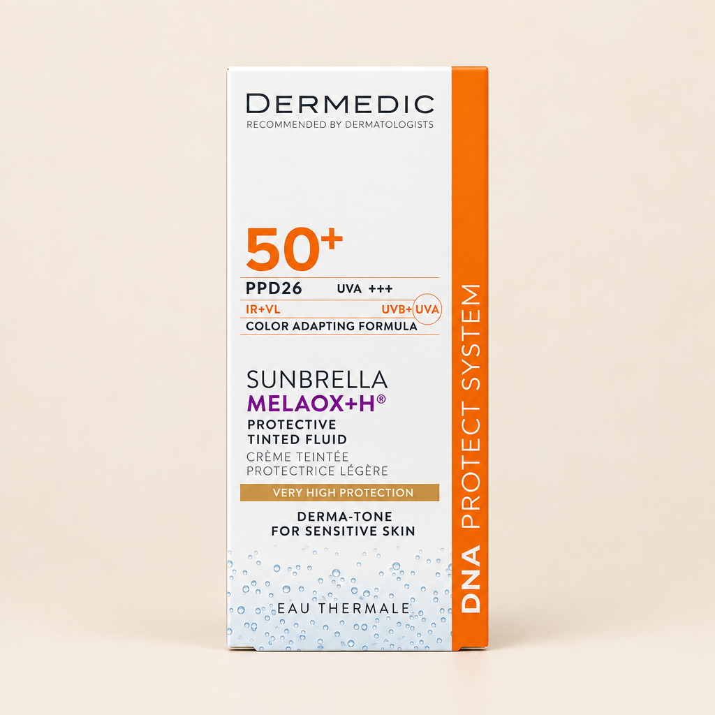 Visuel carré du fluide teinté Dermedic Sunbrella Melaox+ H sur fond uni
